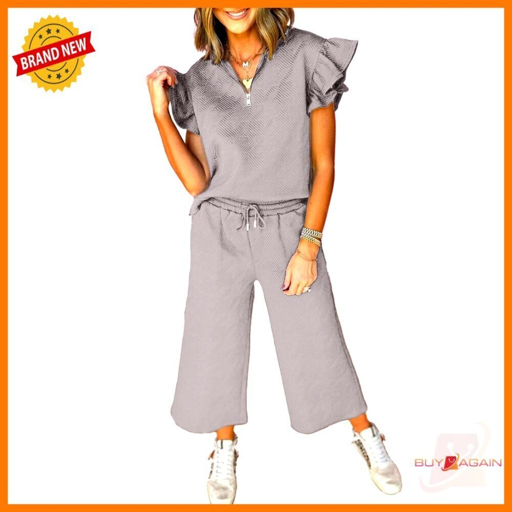 Ruffle Collar Polo Lounge Set Chic Casual Matching Outfit Quarter Zip Pullover